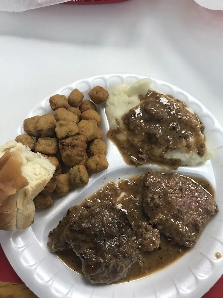 Country Style Steak with Mashed Potatoes and Gravy with Fried Okra